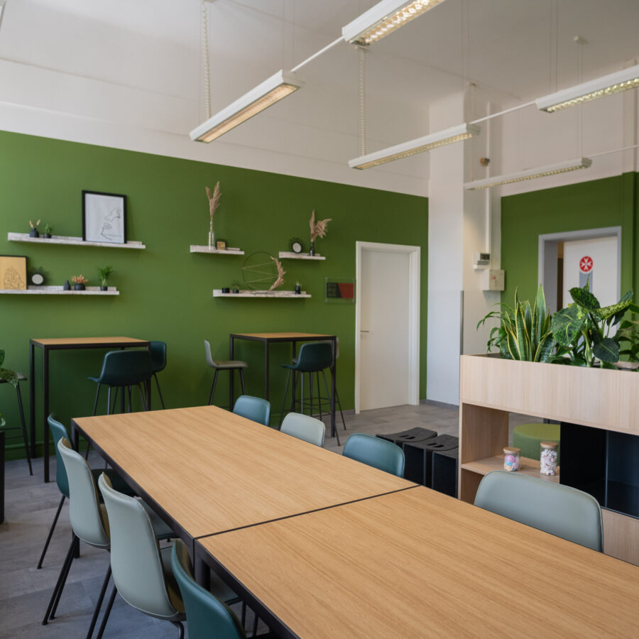 Johanniter Akademie Mitteldeutschland | Aufenthaltsraum | Stühle | Tische | Hocker | Wandgestaltung | Dekoration | Pflanzen